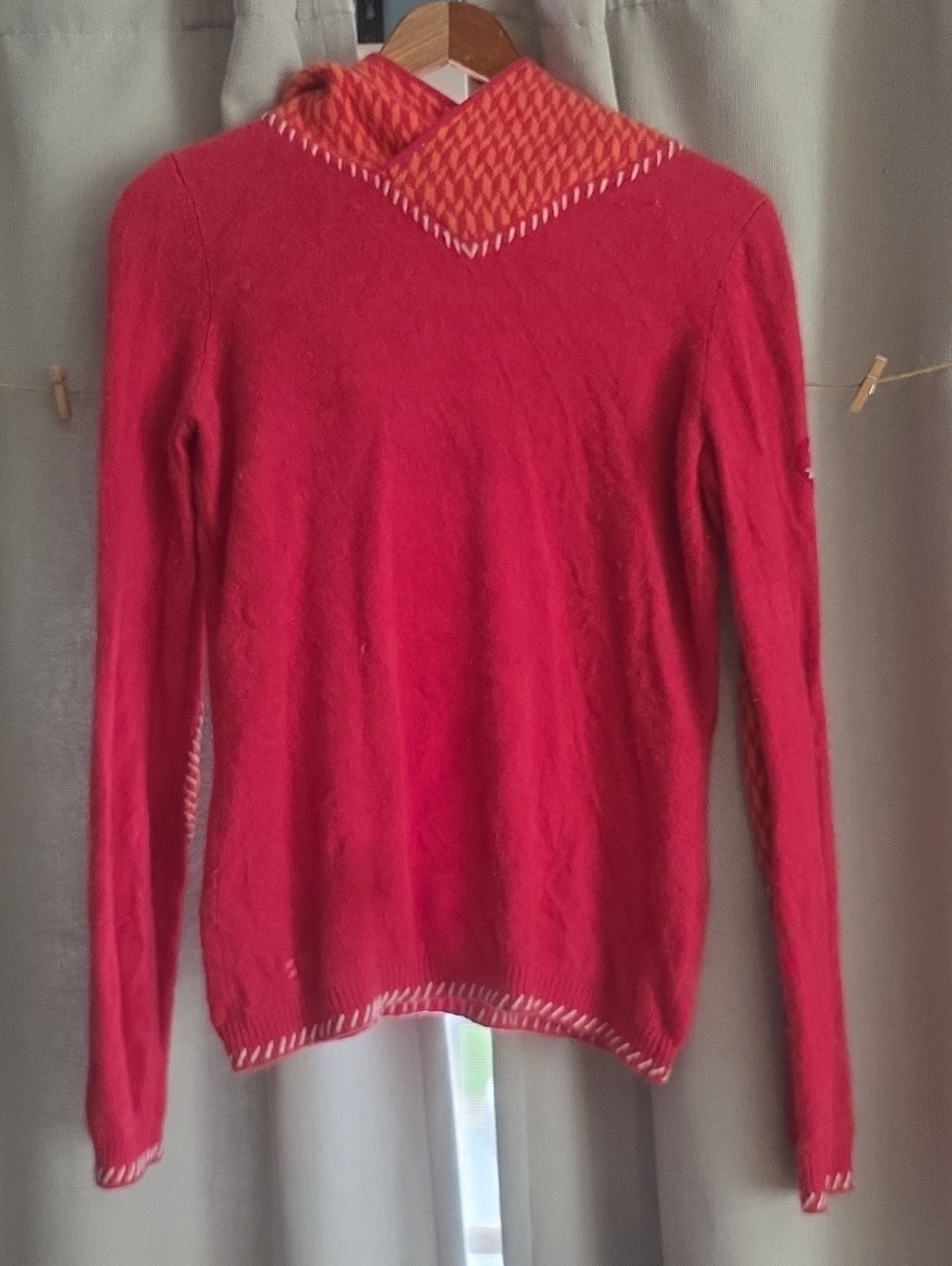 Women's Red Cowl-Neck Sweater with Contrast Trim